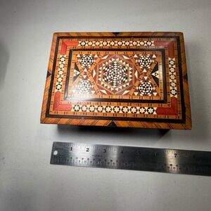 Vintage Handmade Wood Marquetry Inlay Jewelry Box Red Velvet Lined Geometric